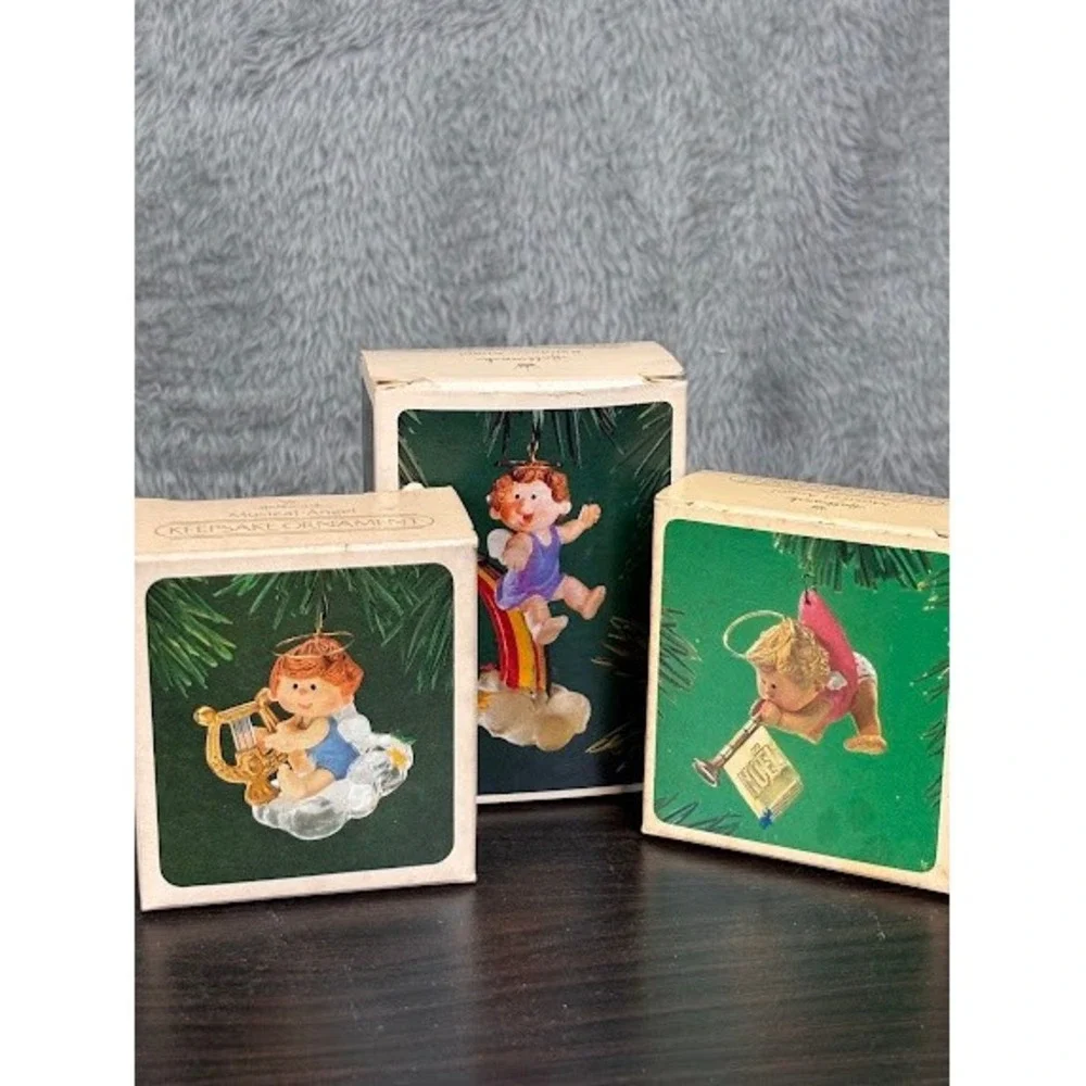Vintage Hallmark Keepsake Ornament Lot 3 1980s Rainbow Musical Angels Cherubs